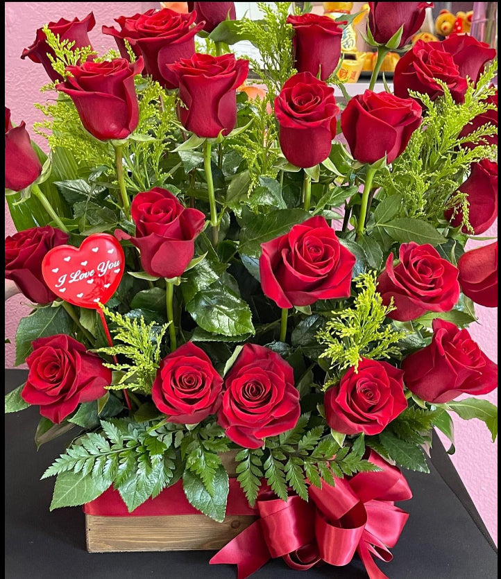 24 Rose Wooden Box Arrangement